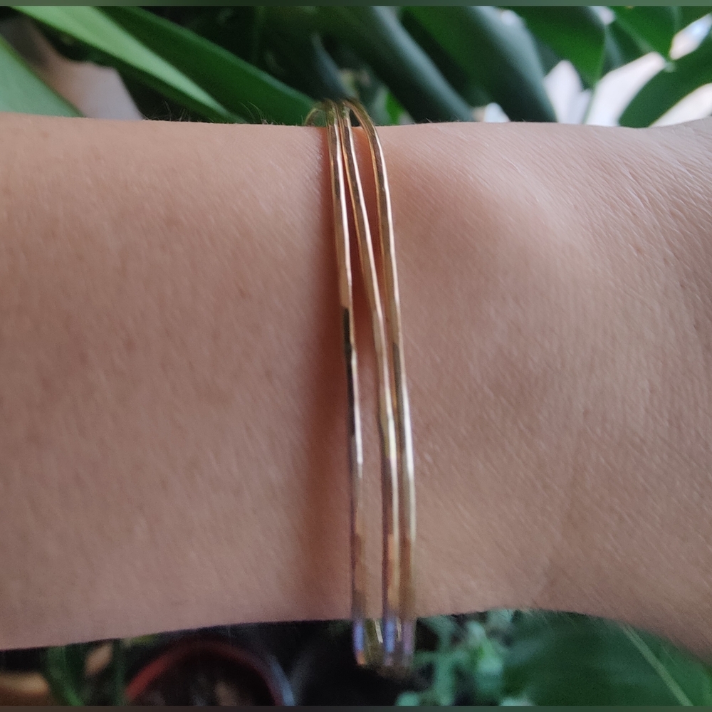 14k Solid Gold Hammered Bangle Trio - image 2